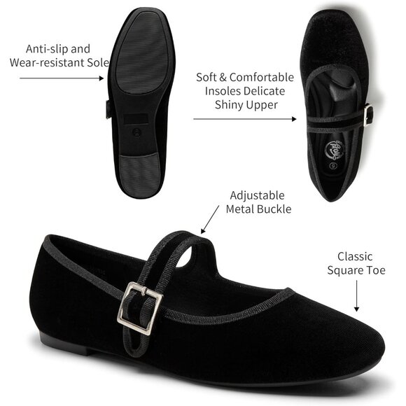 Trary Women's Black Velvet Square Toe Buckle Strap Ballet Mary Jane Shoes - Picture 4 of 6